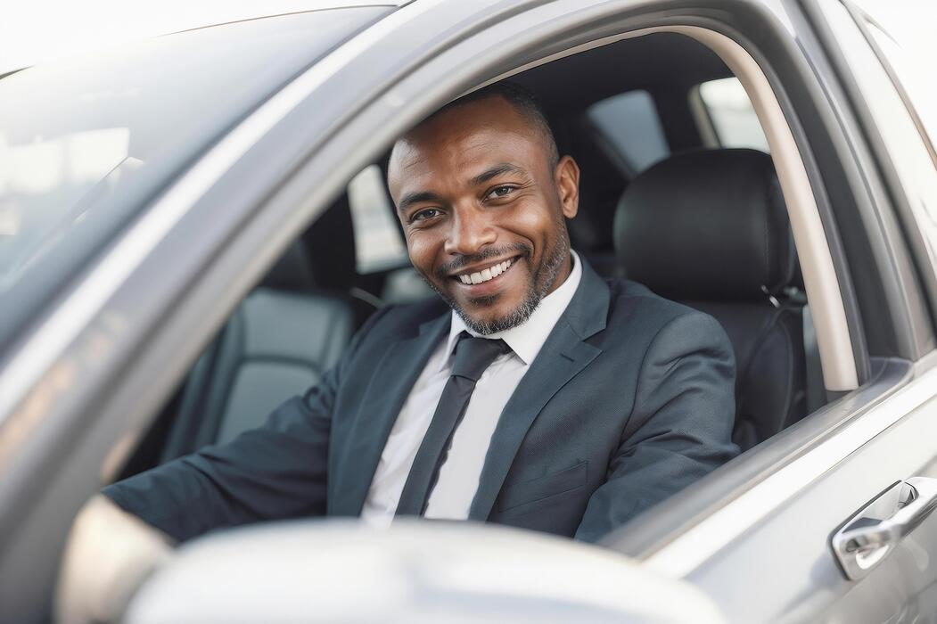 african taxi driver man in a suit and tie smiles while driving a car private driver transportation of people concept photo